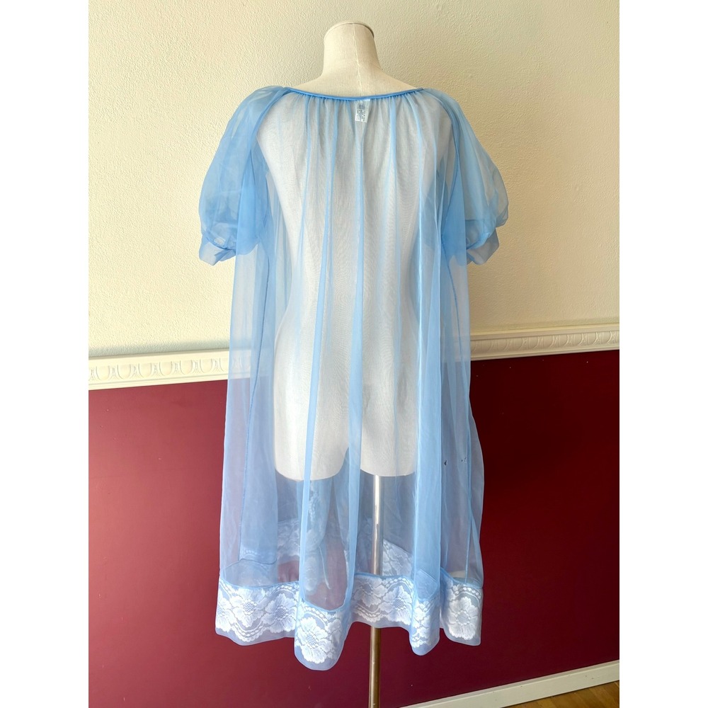 Vintage Stern-Maid Blue Sheer Lace Peignoir Robe USA Union Made S Coquette Girl - Picture 3 of 11